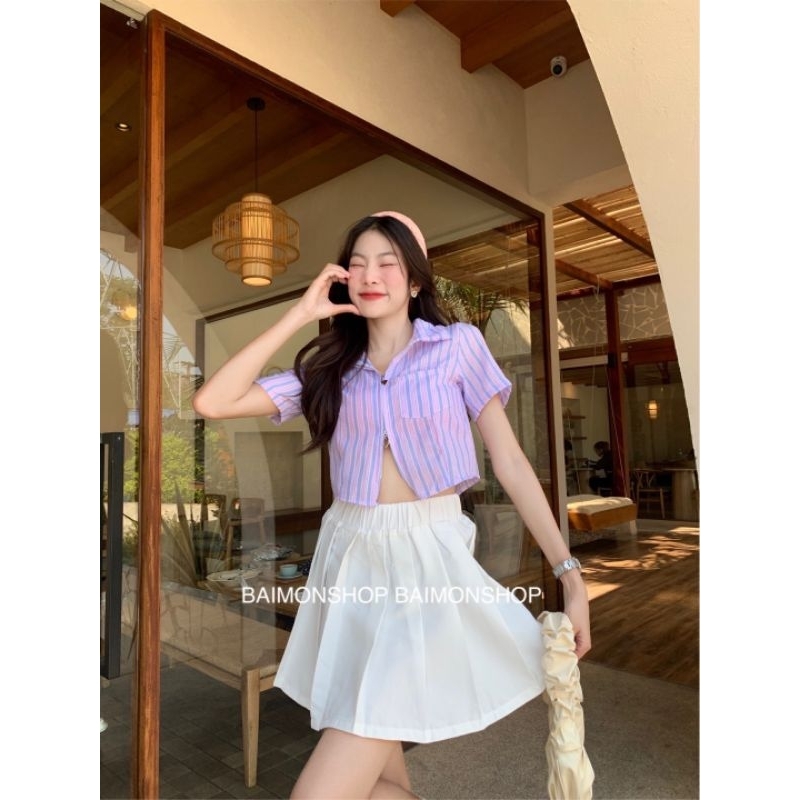 MahahengCloset เสื้อครอป เสื้อเชิ้ต ลายทางซิปเก๋ๆ แมทช์ง่ายใส่สวยน่ารักเว่อร์!
