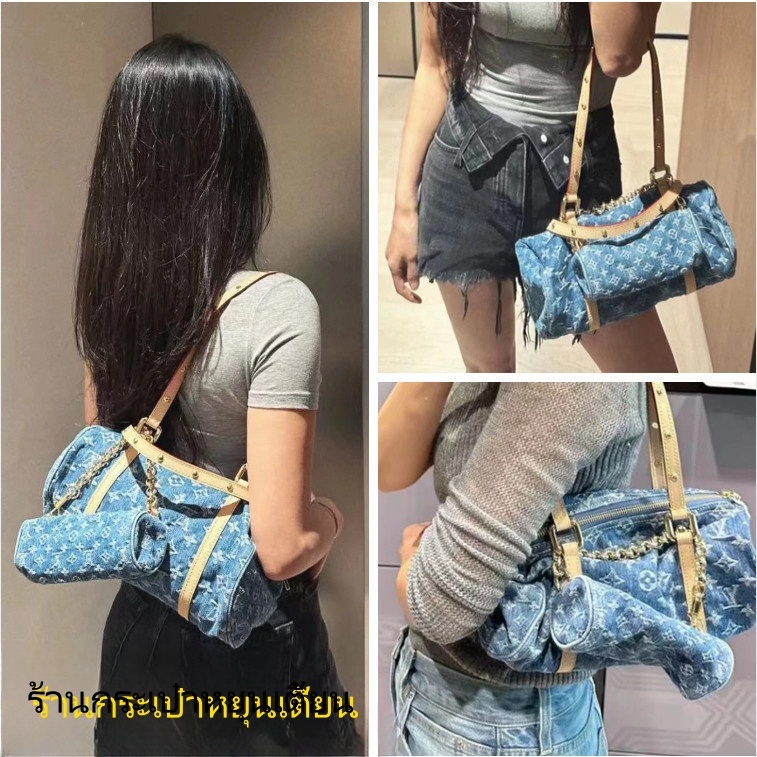 LV/Louis Vuitton/PAPILLON series/ผ้ายีนส์/ซิปปิด/กระเป๋าถือ/กระเป๋าสะพาย