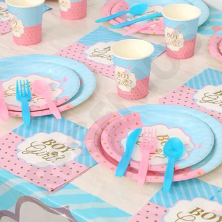 (พร้อม ส่งจากไทย ) จานช้อน ซ้อม และผ้าปูโต๊ะ จัดปาร์ตี้ทายเพศ girl or boy gender reveal party cutery แยกชิ้น(B45)