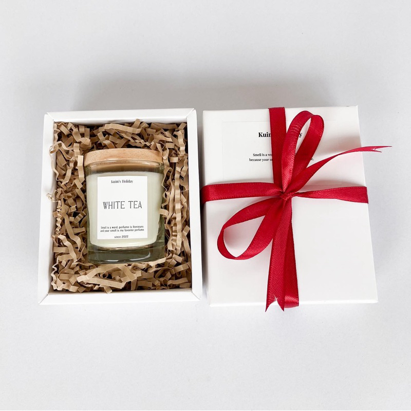 G50 gift box เทียนหอม 60 ml +ฝาไม้ กล่องสีขาว กระดาษฝอยสีน้ำตาล ของขวัญ