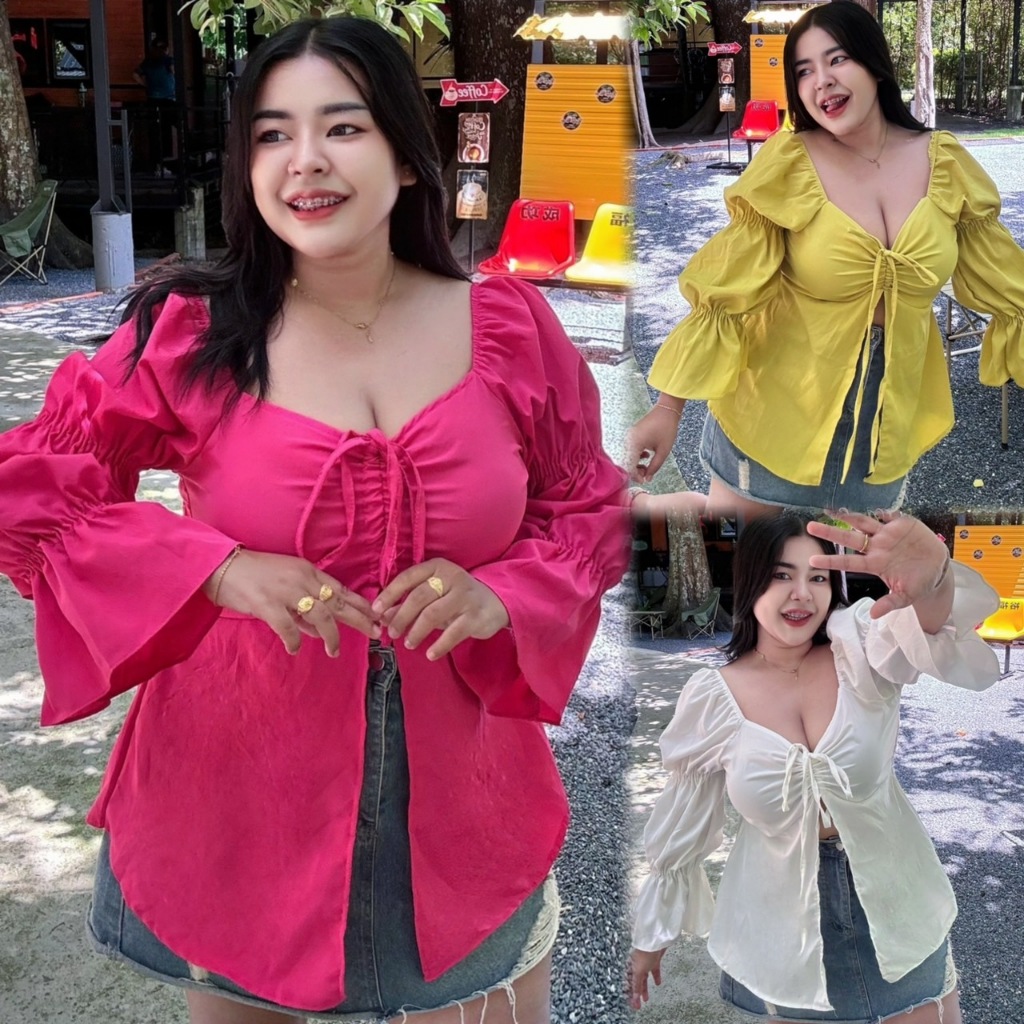 เสื้อสาวอวบร้านปอแฟชั่นสาวอวบเสื้อไปงาน อก38-44 ยาว27 ผ้าคัสเลิศหรู รุ่น กามินรูดหน้า