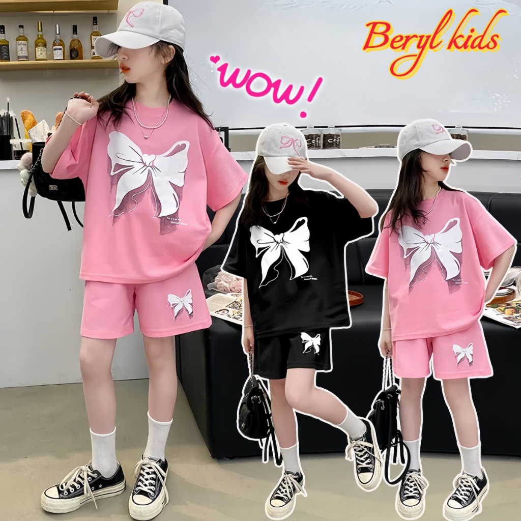 Beryl kids🌸ชุดเซ็ทเด็กผู้หญิง ลำลอง🎀เสื้อแขนสั้นคอกลมกางเกงขาสั้น พิมพ์ลายโบว์น่ารัก รุ่นใหม่ ฤดูร้อน