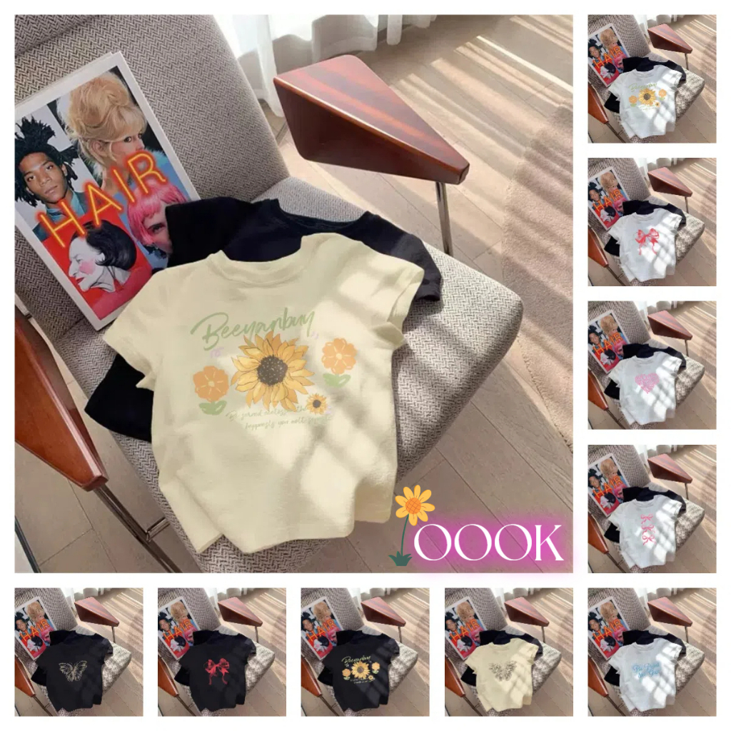 [ส่งจากโรงงาน]ออก24ชั่วโมง OOOK เรียบง่ายและทันสมัย ~ เสื้อยืดแขนสั้นพิมพ์ลายดอกทานตะวัน