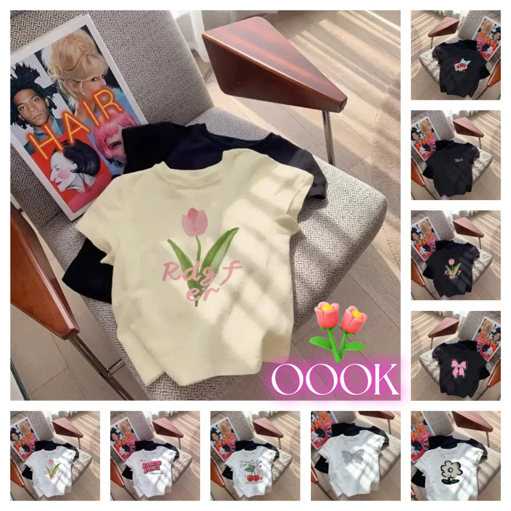 [ส่งจากโรงงาน]ออก24ชั่วโมง OOOK ใส่โดปามีนหน้าร้อน! เสื้อเข้ารูปพิมพ์ลายดอกไม้สำหรับผู้หญิงเสื้อยืดแขนสั้นสีแอปริคอท