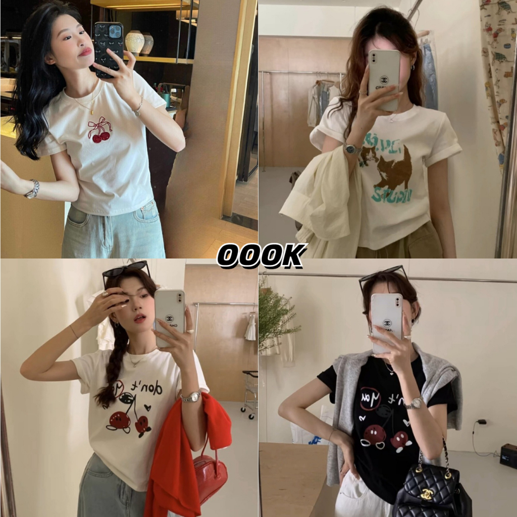 [ส่งจากโรงงาน]ออก24ชั่วโมง OOOK เสื้อครอป สกรีนลายเชอรี่ น่ารักสดใส รับซัมเมอร์ แมทช์ได้ทุกลุค