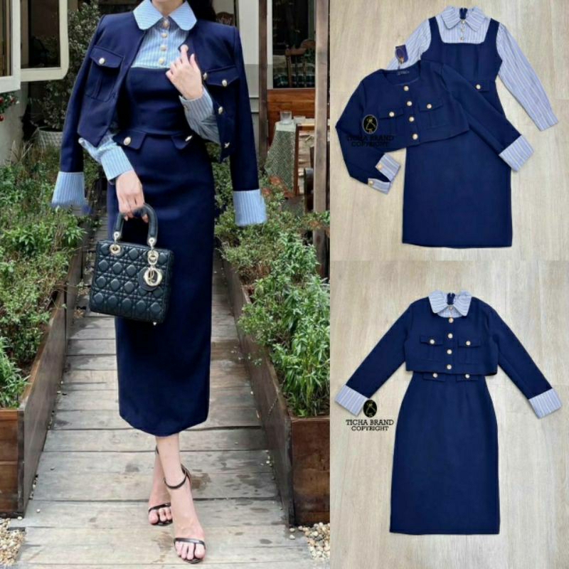 (M-XL)Ticha📣พร้อมส่งเซ็ทเสื้อแขนยาวทรงเอี๊ยมเย็บต่อผ้าเชิ๊ตริ้วฟ้าแขนยาวอกแต่งกระดุม+เสื้อคลุมแขนยาว