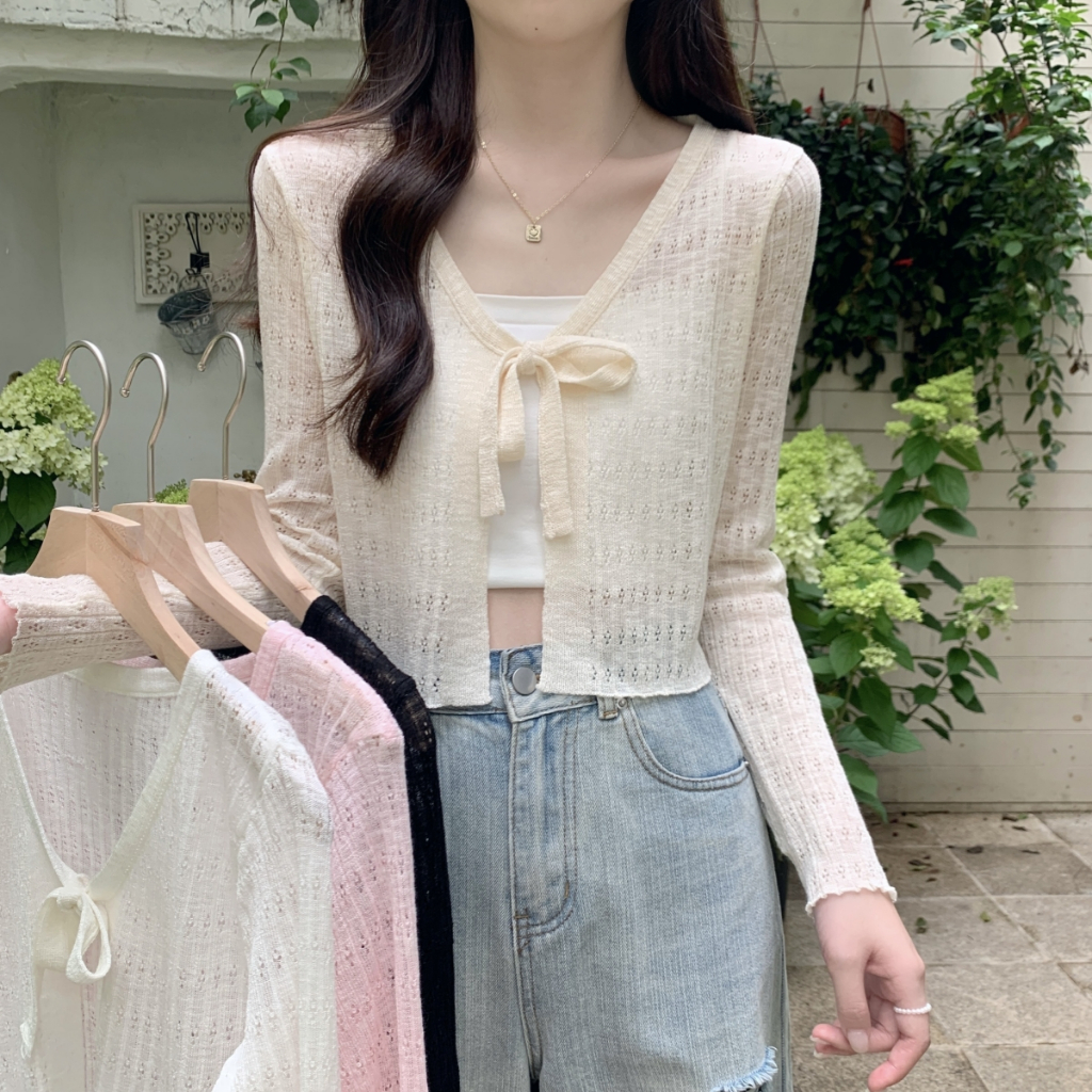 Cuties T062 ​พร้อมส่ง เสื้อไหมพรมแขนยาว คอวี เนื้อผ้าบาง เสื้อคลุมกันแดดแขนยาว ฟรีไซส์