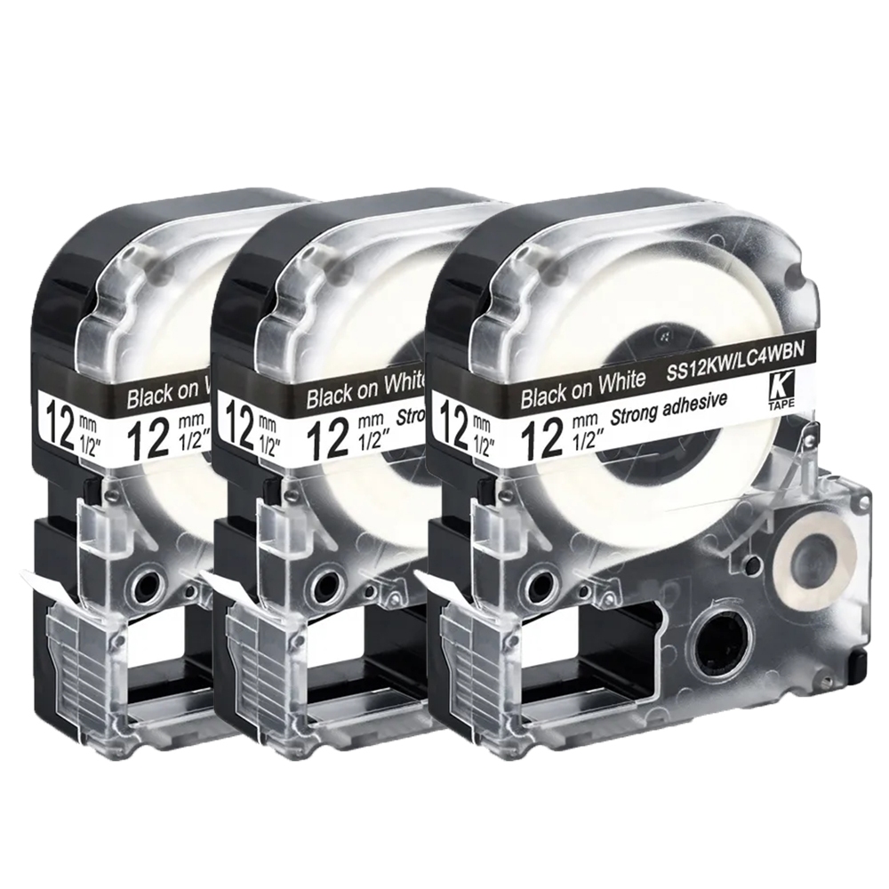 3PK 12มิลลิเมตร * 8เมตรSS12KW LC-4WBNเทปฉลากEpsonที่รองรับ/KingJimเครื่องพิมพ์ฉลาก SC12YW SC12RW LW-300 LW-400ผู้ผลิต