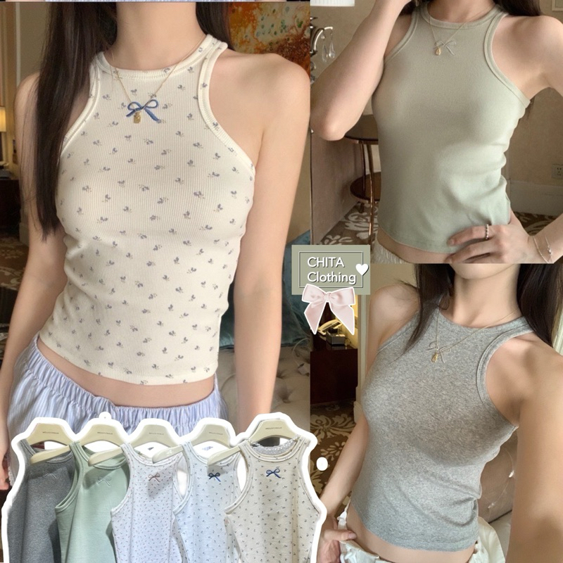 3374#เสื้อกล้ามผ้าร่องยืดพิมพ์ลายน่ารักมาก ปักโบว์ งานนำเข้า✈️