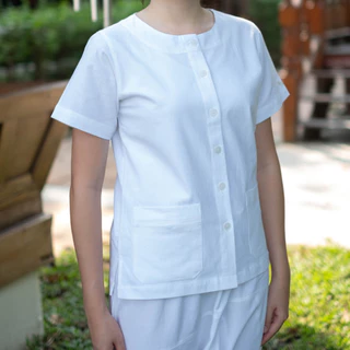 เสื้อคอกลมแขนสั้นหญิง ชุดขาวปฏิบัติธรรมผ้าฝ้ายแท้ ใส่สบาย ไม่ร้อน