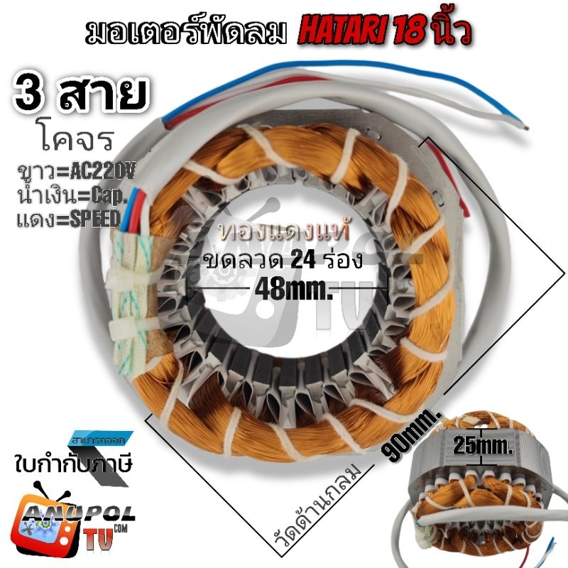 มอเตอร์พัดลม Hatari 18 นิ้ว โคจร กลม 3 สาย คอยล์พัดลม (ทองแดงแท้ ใหม่) 48 มิล หนา 25 มิล (ออกหลัง) พัดลม