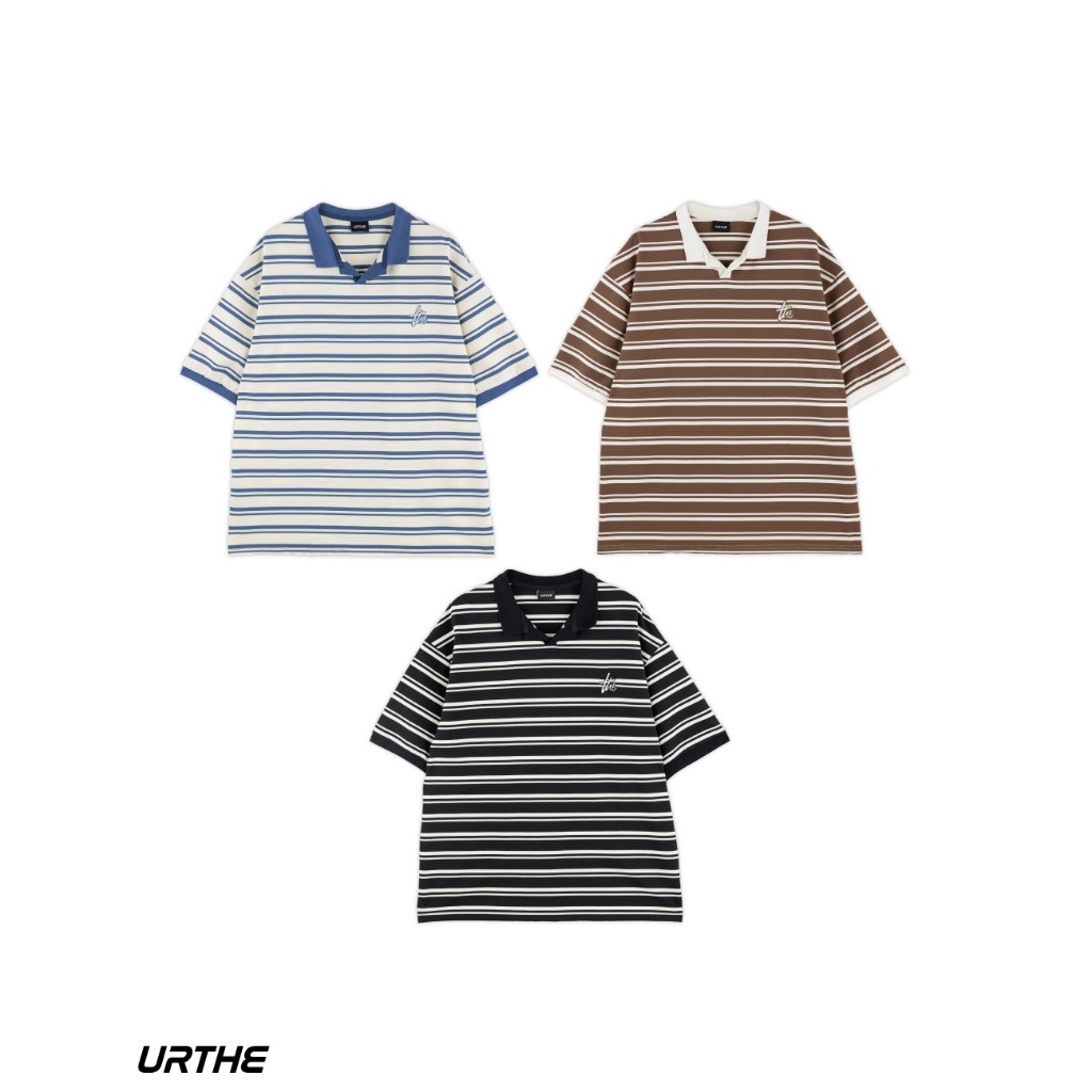 URTHE - เสื้อโปโล เเขนสั้น ปักโลโก้ รุ่น MODERN STRIPE