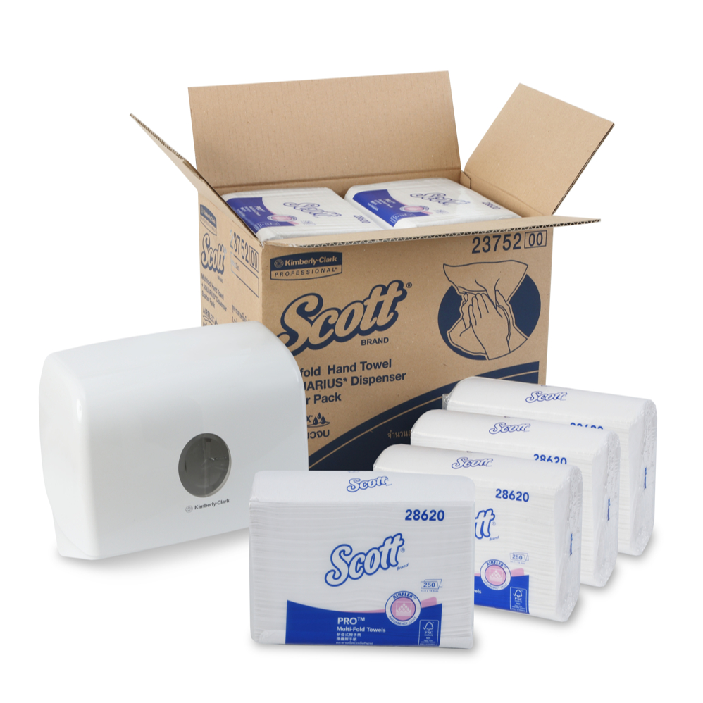 SCOTT ชุดกระดาษเช็ดมือแบบแผ่น สก๊อตต์ โปร มัลติโฟล์ด ทาวเวิล และกล่องจ่ายกระดาษ คิมเบอร์ลี่ย์-คล๊าค รหัสสินค้า 23752