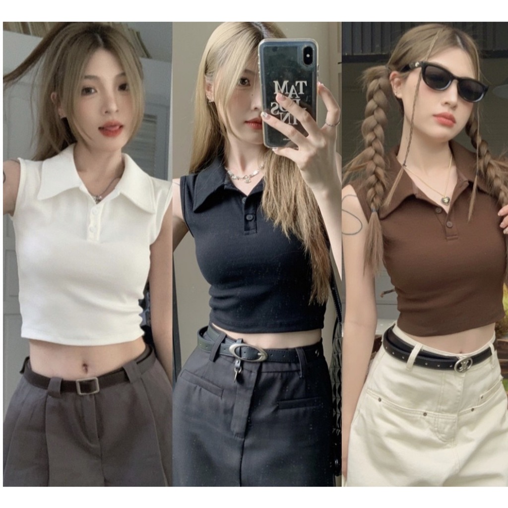 เสื้อกล้ามครอปคอปก มีฟองน้ำในตัว แกะกระดุมได้