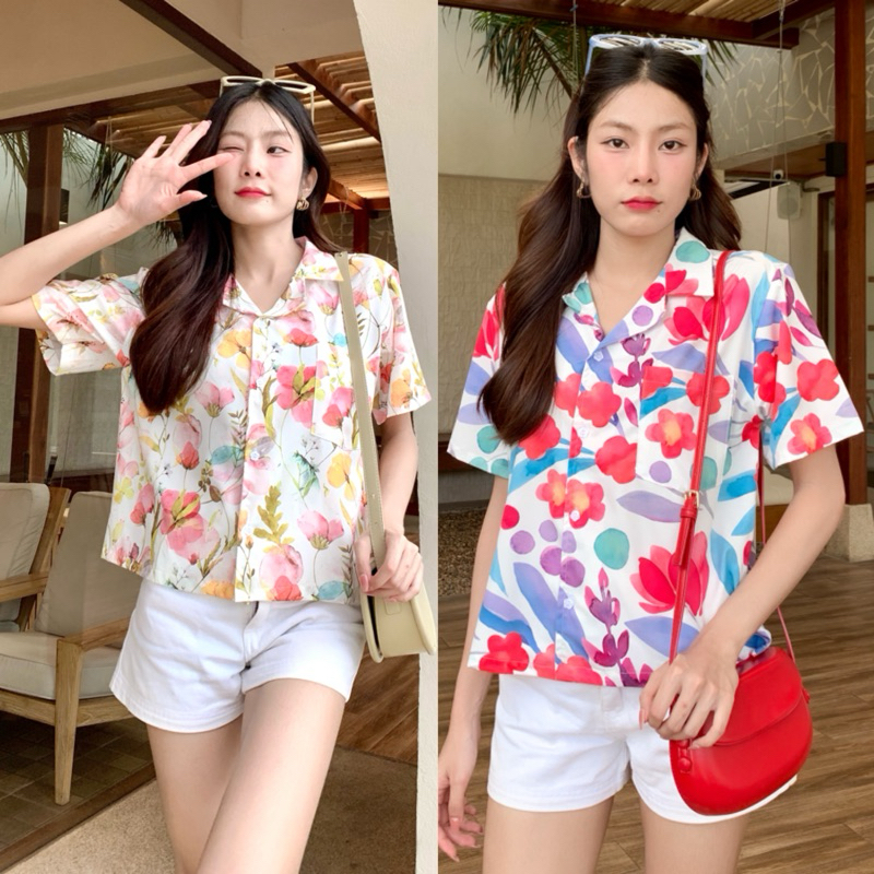 S28 🩵🔆♡︎ꫛꫀꪝ🔆♡︎🩵Floral Shirt เสื้อเชิ้ตลายปริ้น สวยสดใส