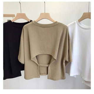 พร้อมส่งในไทย**เสื้อครอป เสื้อคอกลมผู้หญิงแขนสั้น ผ้านิ่ม เปิดหลัง Y110