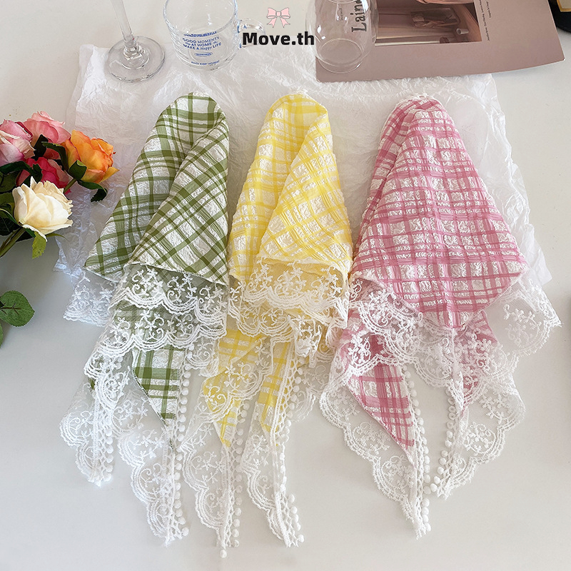 ในไทย-พร้อมส่ง✨ที่คาดผมผ้าพันคอ ผ้าโพกหัว ทรงสามเหลี่ยม ลายตารางหมากรุก แต่งลูกไม้ แฟชั่นใหม่ สําหรับผู้หญิง Lolita-M
