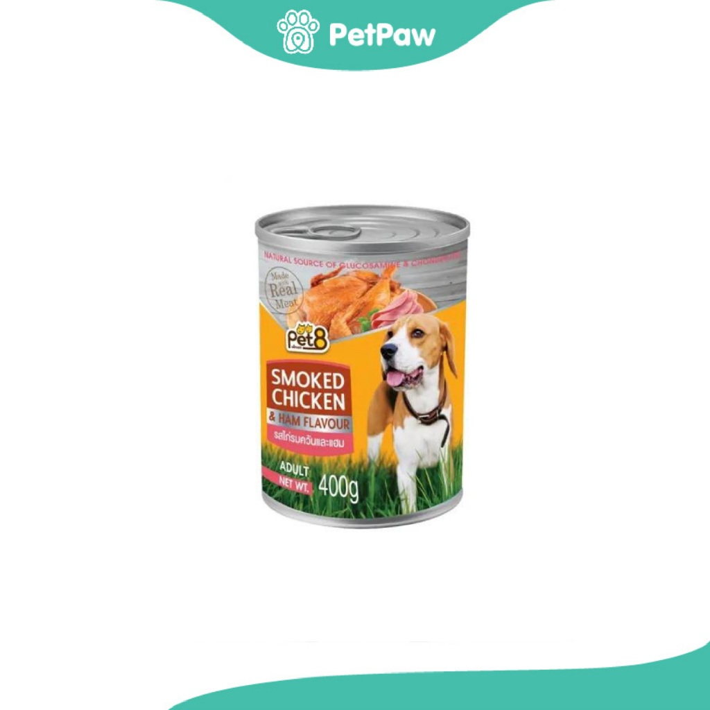 [ ไม่เข้าร่วมE-TAX] Pet8 : Chicken & Ham ซิลเวอร์ อาหารเปียกกระป๋องสำหรับสุนัขโต - ไก่และแฮม 400 กรัม