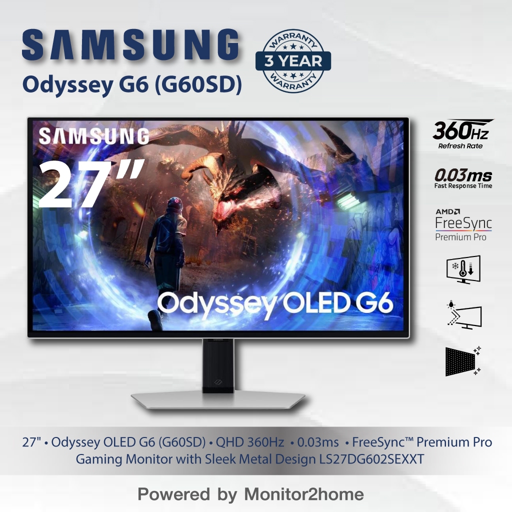 SAMSUNG 27-Inch Odyssey G6 (G60SD) OLED Gaming Monitor with QHD 360Hz 0.03ms, FreeSync™ Premium Pro,