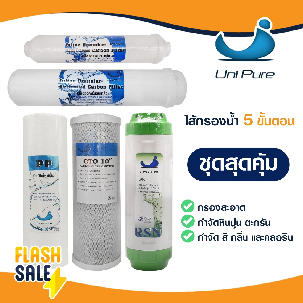 ไส้กรองน้ำ 5 ขั้นตอน 3 ขั้นตอน ไส้กรองน้ำดื่ม Uni Pure PP CTO Resin Post Carbon ชุดไส้กรองน้ำ เรซิ่น