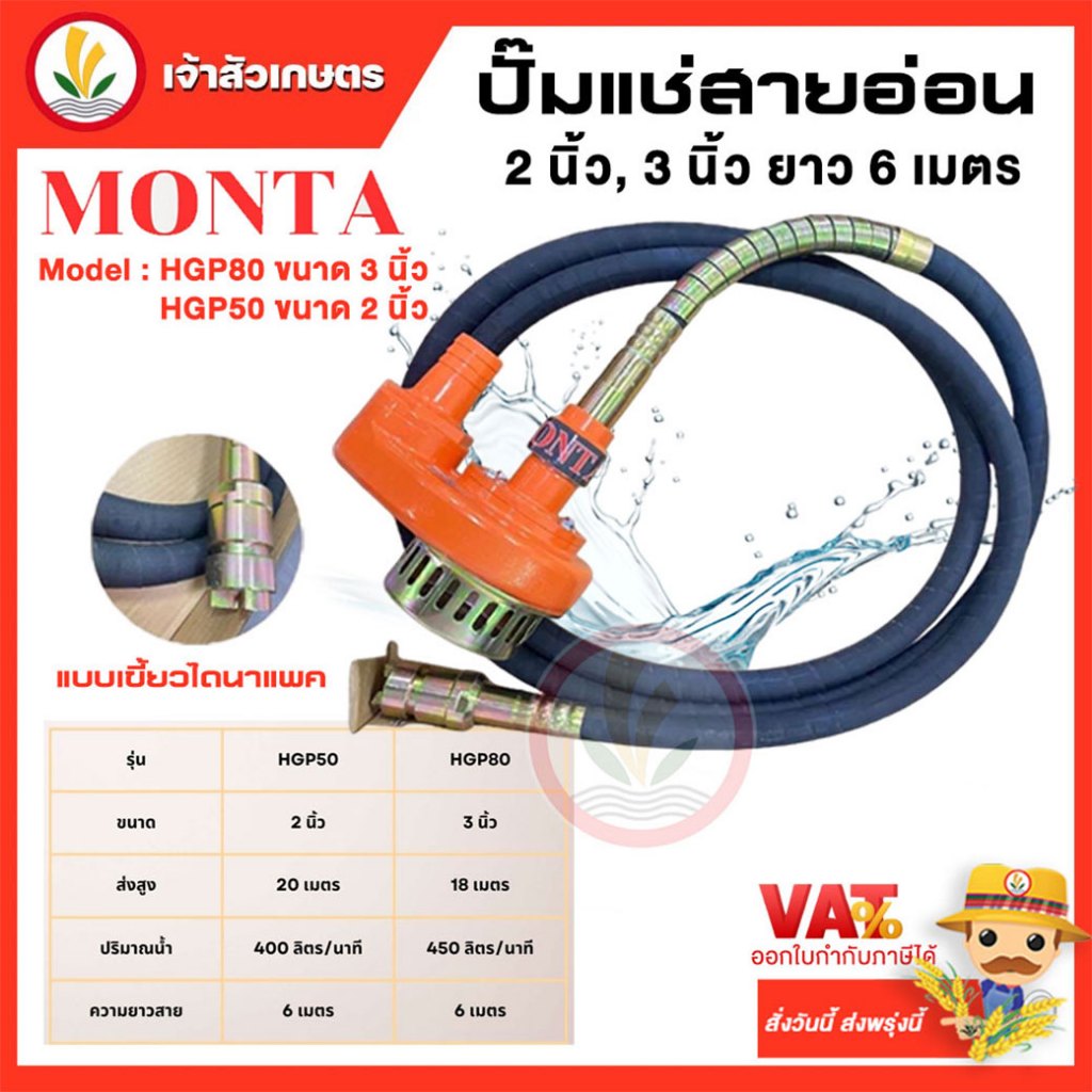 ปั๊มแช่สายอ่อน ปั๊มหางสายอ่อน Monta HGP80 ขนาด 3 นิ้ว HGP50 ขนาด 2 นิ้ว ยาว 6 เมตร  แบบเขี้ยวไดนาแพค