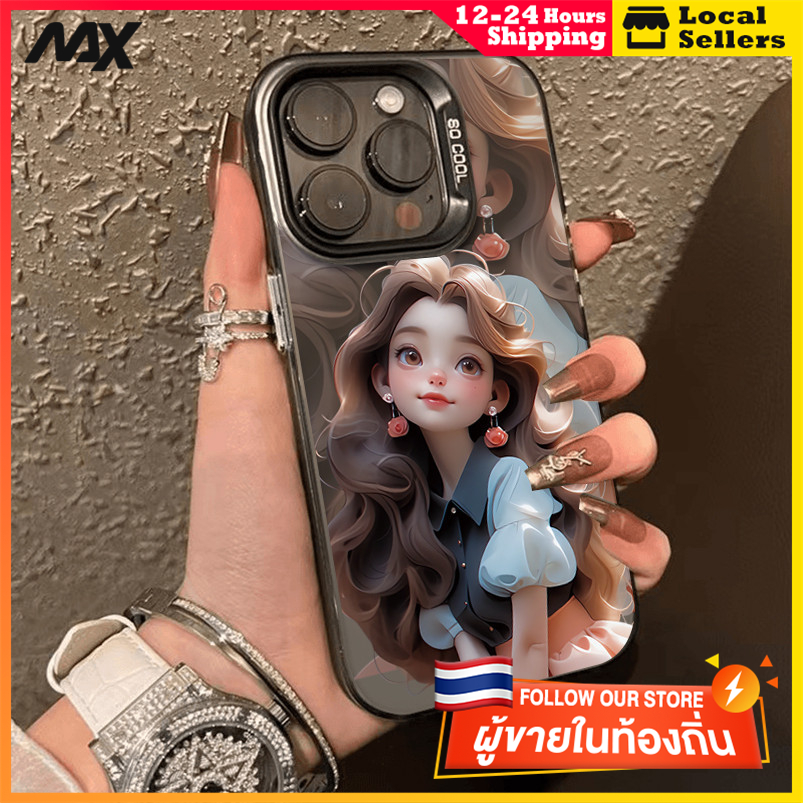 สีดำหรูหราซิลิโคนแข็งกรณีโทรศัพท์ สาวน้อยน่ารัก for IPhone 13 12 7Plus 14 15 11 Pro MAX 8 6 7 6S Plus X XR XS