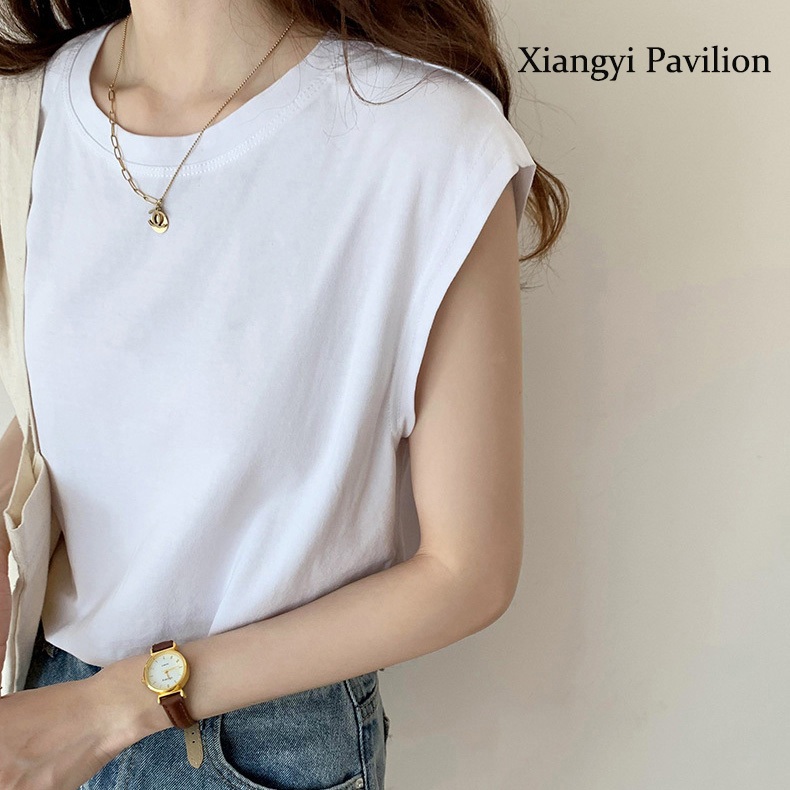 พร้อมส่งจากกทมเสื้อยืดลำลองสีพื้น เบสิก สำหรับสตรี แขนกุดเสื้อยืด (สีขาว)