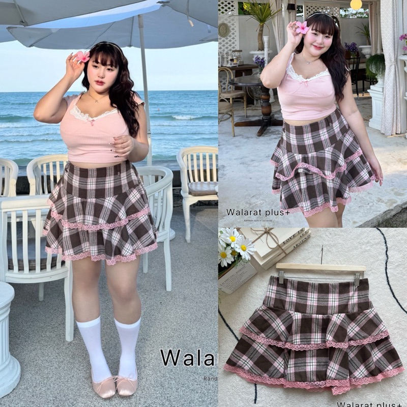 เข้าเพิ่ม พร้อมส่งค่า /WP/ กระโปรงกางเกงสาวอวบ ลายสก็อต แต่งลูกไม้ เสื้อผ้าพลัสไซส์ สาวอวบ สาว อ้วน พลัสไซส์