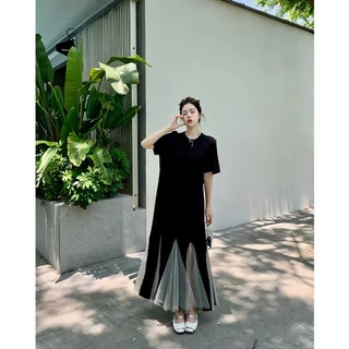 🔥จัดส่งทันที🔥 S-6XL 🌈 5 สี เดรสแขนสั้น การออกแบบผสมผ้าลูกไม้ กระโปรงหางปลา กระโปรงปกตัวและแสดงผอม สาวอวบ สวมใส่ประจำวัน🥳