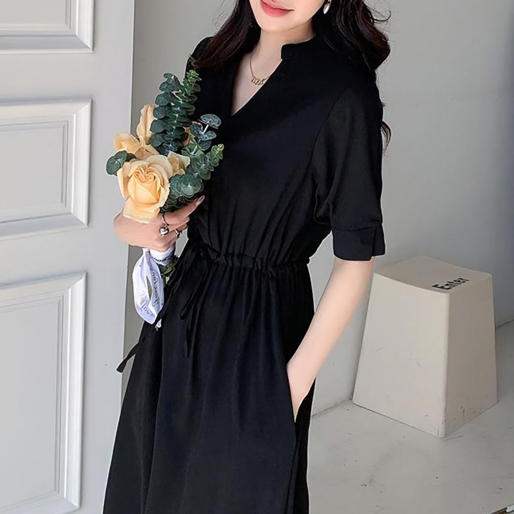 ชุดเดรสลำลอง ยาว ผ้านุ่ม ใส่สบาย ดีไซน์คอวี มีสายผูกเอวเข้ารูป JY2312