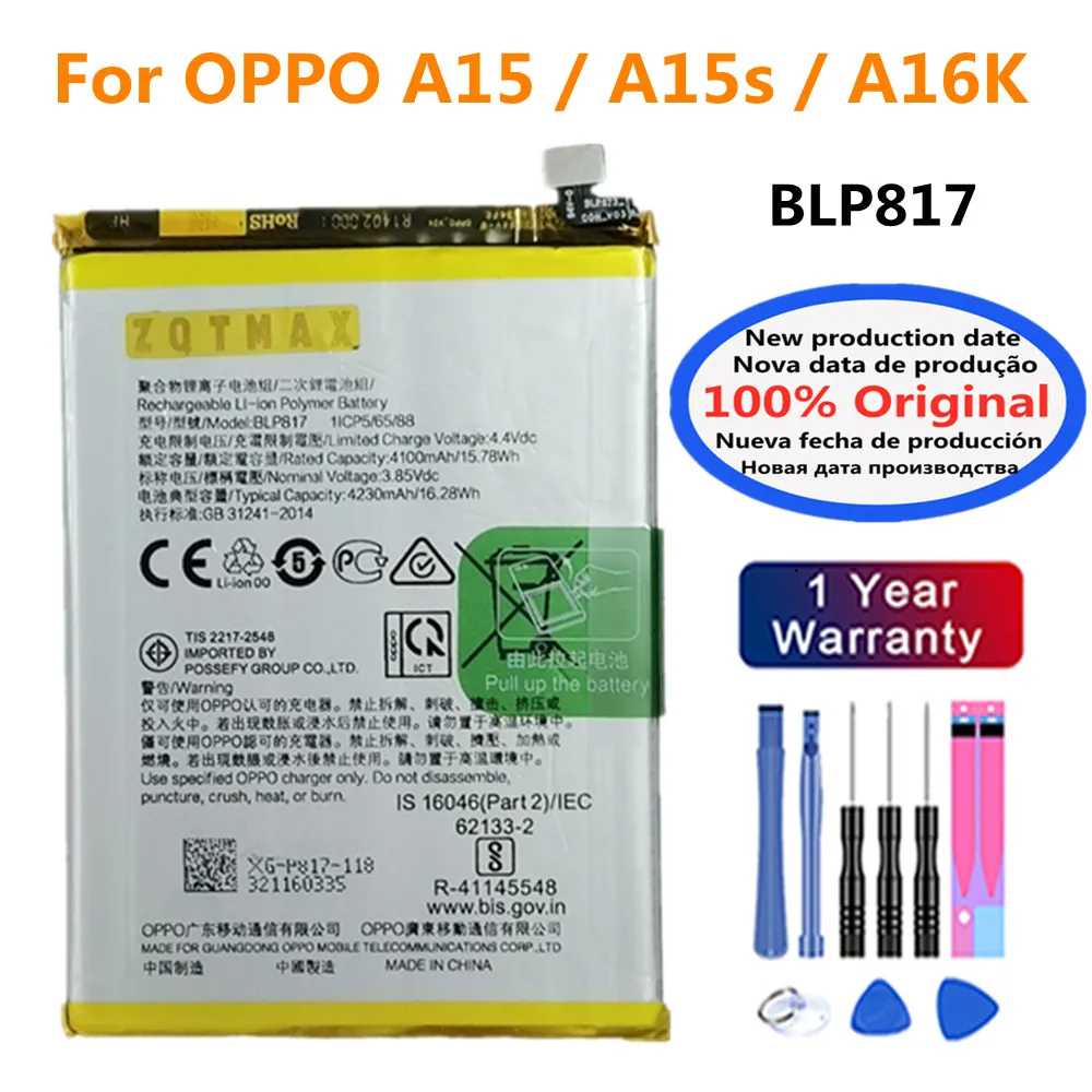 แบตเตอรี่ แท้ BLP817 สำหรับ Oppo A15s A15 OPPO A16K blp817 แบตเตอรี่ 4230mAh แบตเตอรี่ในสต็อก+เครื่อ