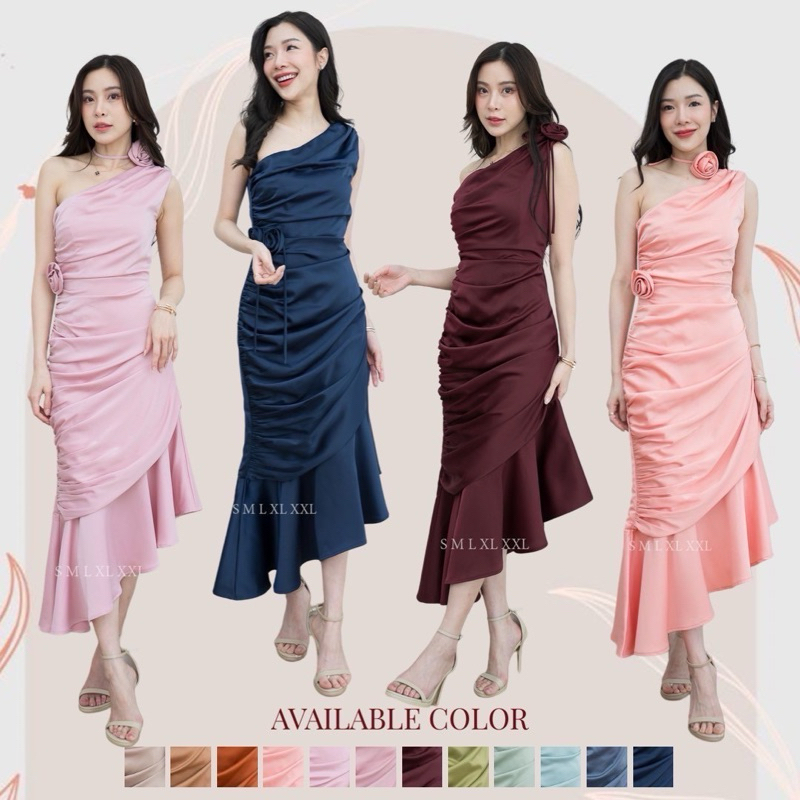 ชุดเดรส ชุดออกงาน ชุดราตรี FP038 เกรดพรีเมี่ยม ไหล่เบี่ยงจีบข้าง แถมดอกไม้