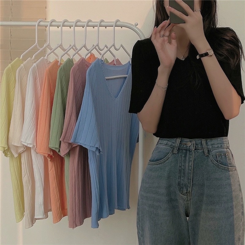 MKL เสื้อคอวี สีพื้น ลายเส้นใหญ่ ผ้านิ่มใส่สบาย หลายสีให้เลือก #A068