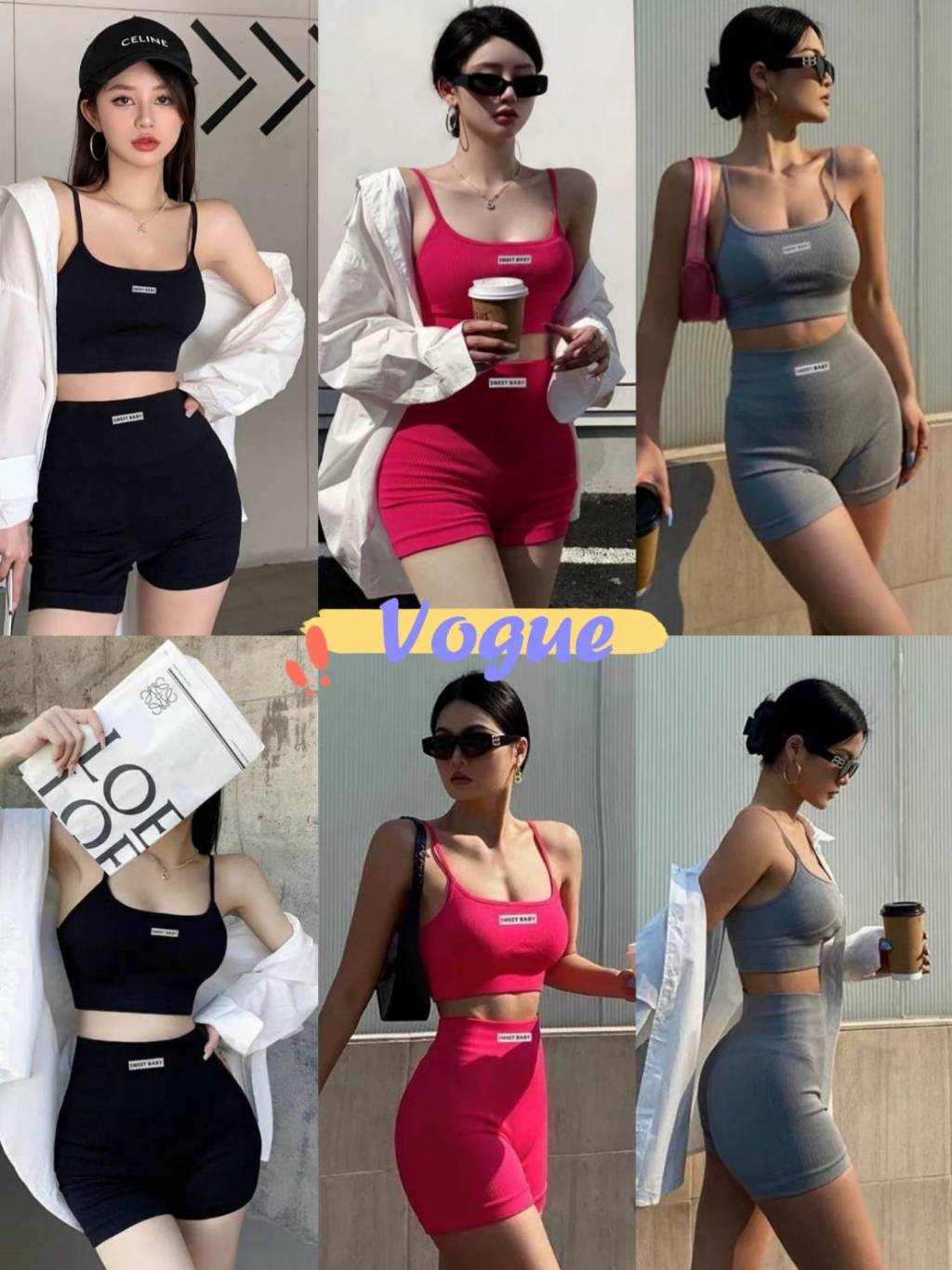 Vogue พร้อมส่ง ชุดออกกำลังกาย ทรงรัดรูป เสื้อมีฟองน้ำ+กางเกงขาสั้น (FY1778-J)