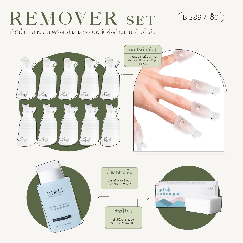U-DELI Nail Remover Set เซ็ตน้ำยาล้างเล็บ พร้อมสำลีและคลิปหนีบห่อล้างเล็บ ล้างไวขึ้น