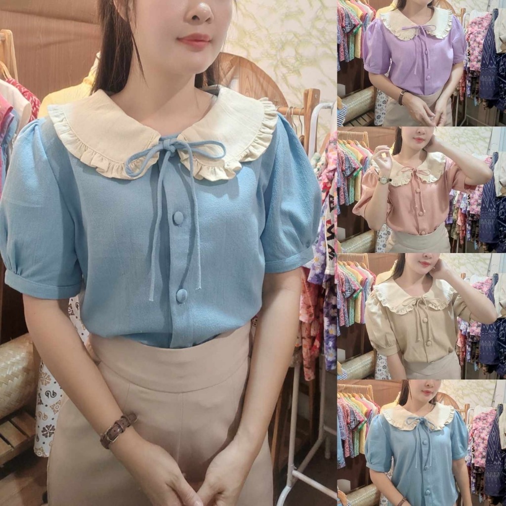 เสื้อผ้าฝ้าย คอบัวระบายทูโทน (NEW)