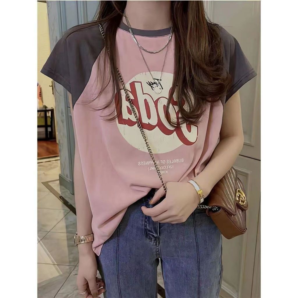 เสื้อยืดสวยๆผู้หญิงฤดูร้อนใหม่ Oversize เสื้อผ้าแฟชั่นสาวอวบน่ารักๆ เสื้อโอเวอร์ไซส์เกาหลี แนวสตรีทพิมพ์ลายวินเทจ