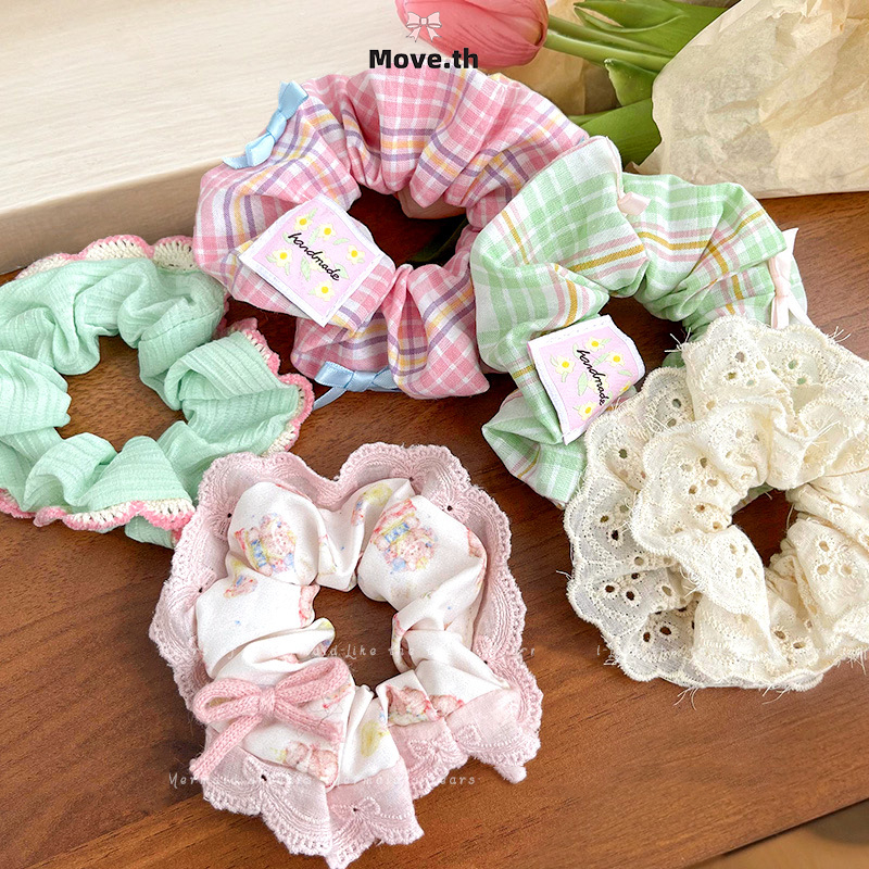ในไทย-พร้อมส่ง ยางรัดผม ลูกไม้ ลายดอกไม้ ประดับโบว สไตล์เกาหลี แฟชั่นสําหรับผู้หญิง ความยืดหยุ่นสูง 2024ใหม่-Move