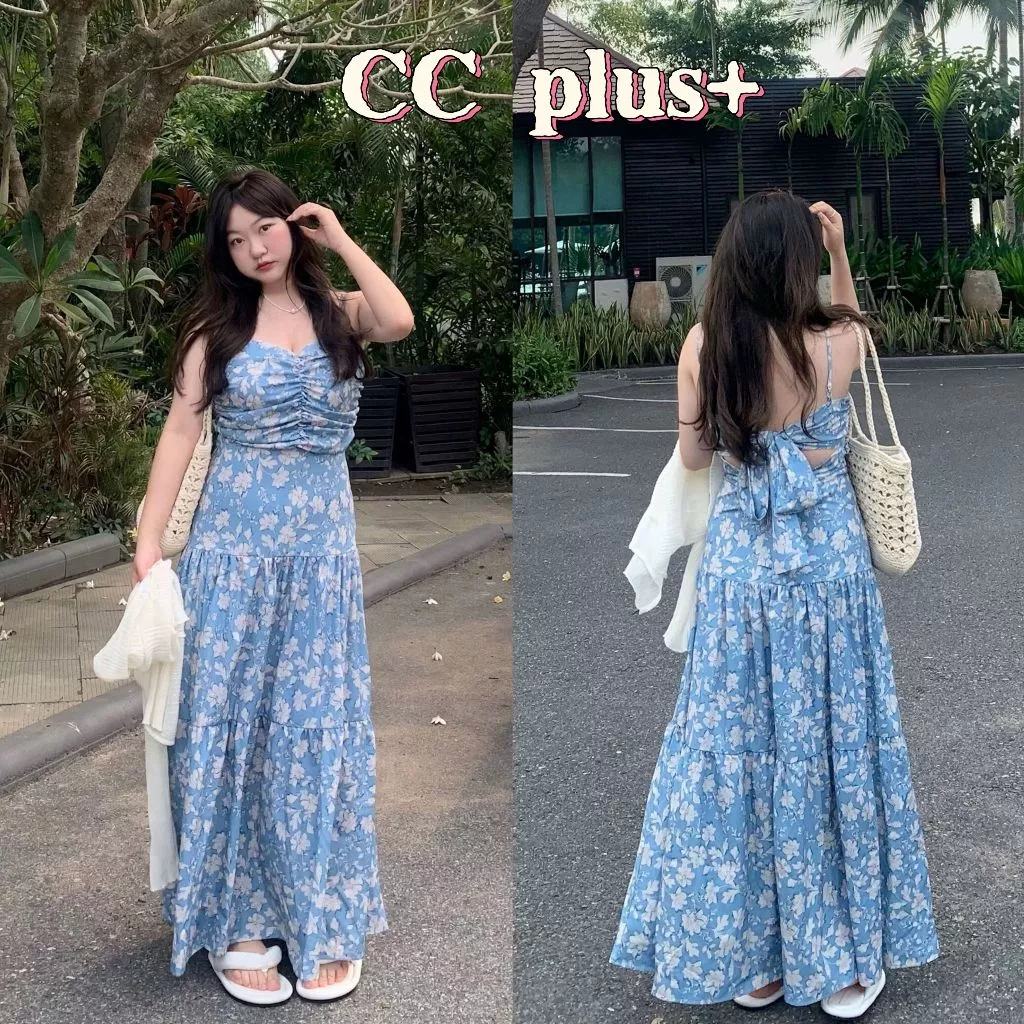 CiCi Plus+(3299) เดรสยาวพิมพ์ลายดอกไม้สีฟ้าดอกขาว สวยหวาน ผูกหลังเก๋ๆ สไตล์สาวพลัสไซส์