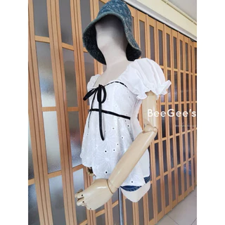 🌸OVP🌸 เสื้อฉลุลายดอกไม้ ผ้าคอตตอนฉลุ แต่งริบบิ้น เสื้อสีขาว