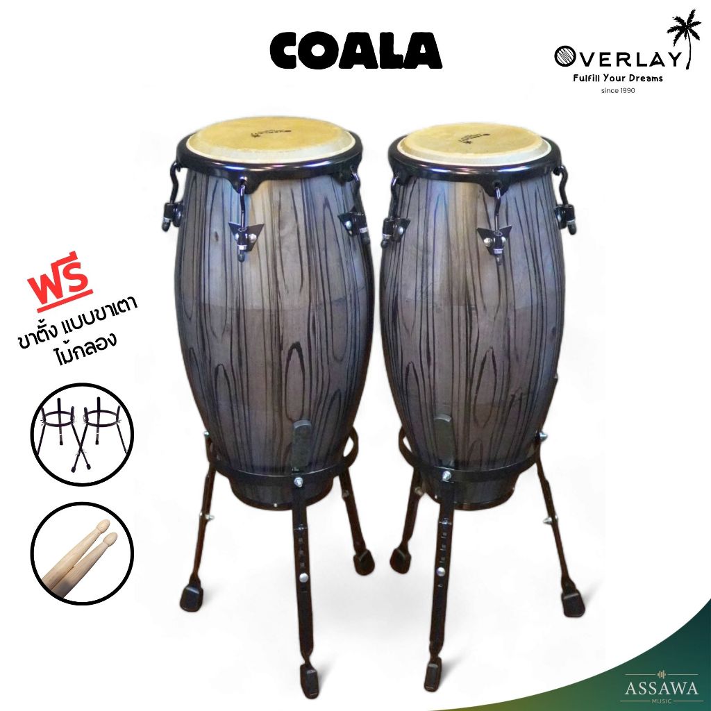 Overlay 🥁 กลองทอมบ้า Tomba ไม้ oak wood Conga คองก้า กลองกีฬาสี ฟรีขาตั้ง แบบขาเตา และ ไม้กลอง 10,11 นิ้ว