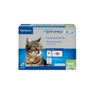 Virbac เอฟฟิโปร ดูโอ้ [Effipro® Duo Spot-on S (1-6 kgs) - 4 tubes /0.5 ml each] ผลิตภัณฑ์กำจัดหมัด ชนิดหยอดหลัง แมว