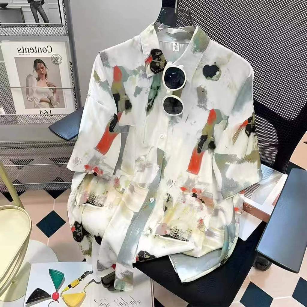เสื้อเชิ้ตแขนสั้น เสื้อฮาวายพิมพ์ลวดลาย ผ้าอย่างดี นิ่มใส่สบาย