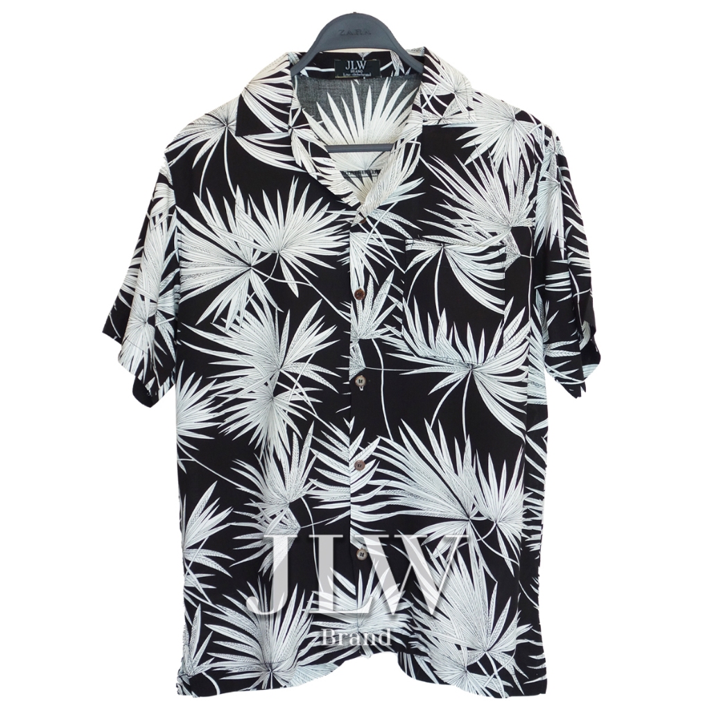 เสื้อฮาวาย ลายใบลาน ดำ ผ้านิ่มใส่สบาย JLW BRAND ผ้าเรย่อน