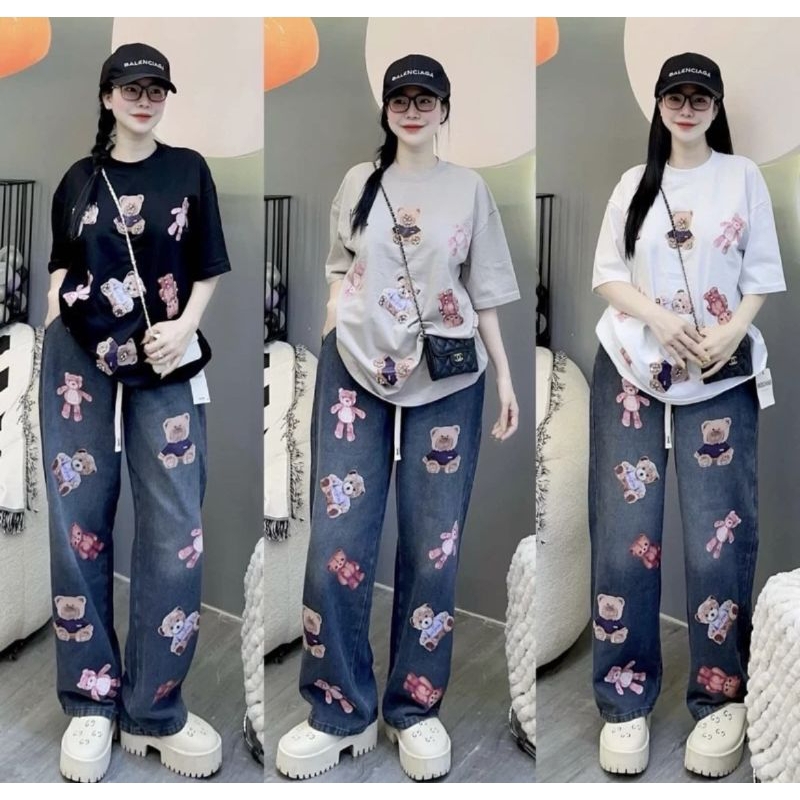 พร้อมส่ง งาน 2 ชิ้นเสื้อยืดแขนสั้นคู่กับกางเกงเกล็ดปลาฟอกสียีนส์งามสกรีนน้องหมีสุดน่ารักทั้งเสื้อและกางเกงเข้าชุดกันสวย