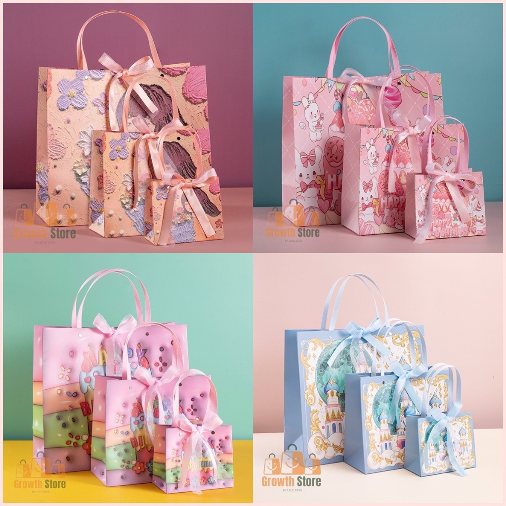 พร้อมส่งจากไทย ถุงกระดาษ ถุงของขวัญ งานพรีเมี่ยม ขายเป็นใบ งานพิมพ์เรียบลาย3มิติ หูเชือก มี 3 ขนาด