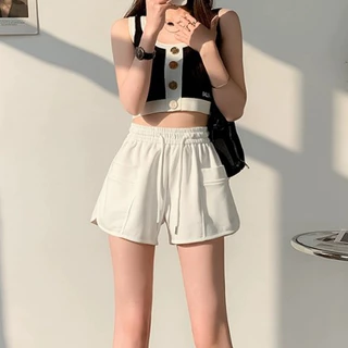 Beryl🌻กางเกงขาสั้นลำลองสีขาวสไตล์เกาหลี เอวยางยืดมีเชือกรูด