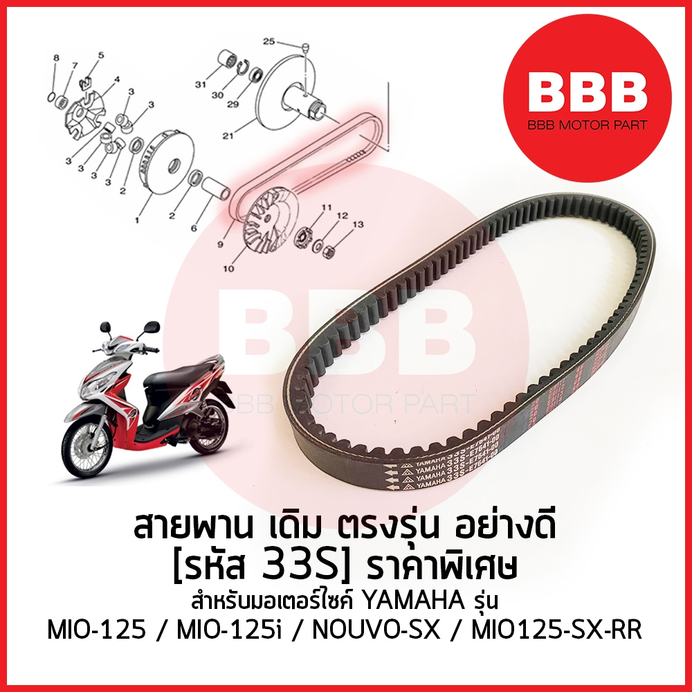 (รหัส 33S) สายพาน อย่างดี แบบเดิม ตรงรุ่น สำหรับมอเตอร์ไซค์ YAMAHA รุ่น มีโอ125 MIO125 mx rr MIO125i NOUVOSX