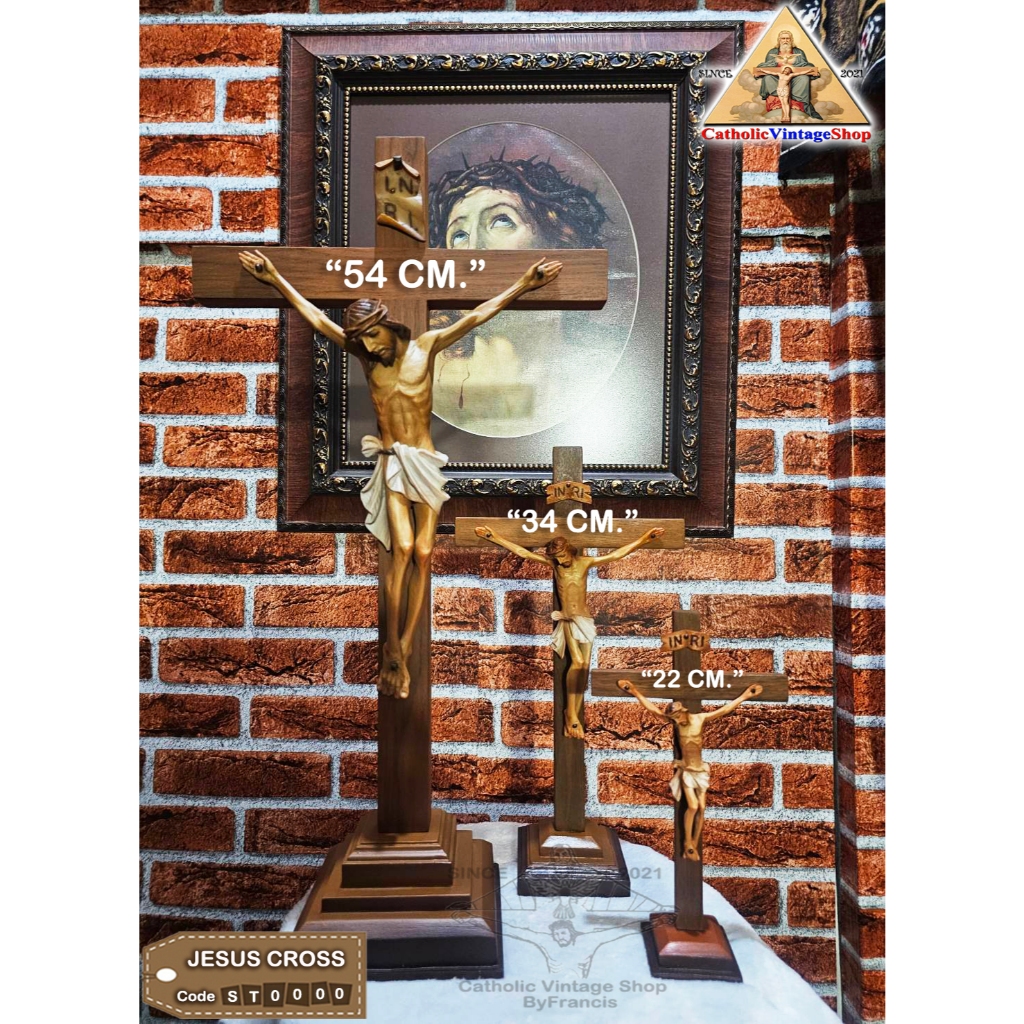 รูปปั้น ไม้กางเขน พระเยซู ไม้สัก ตั้งโต๊ะ Cross Catholic Jesus Christian คาทอลิก คริสเตียน