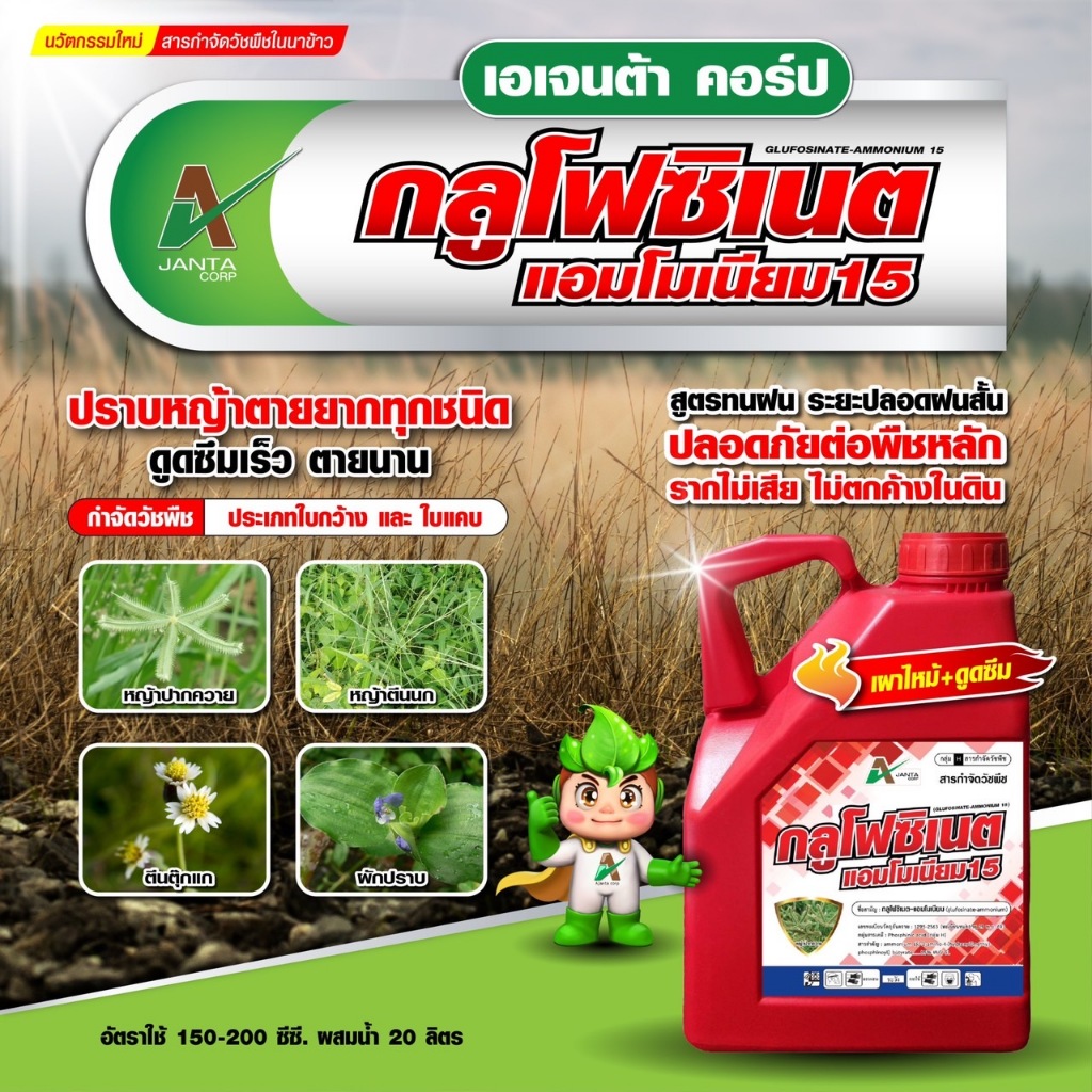ยาฆ่าหญ้า เผาไหม้ ดูดซึม กลูโฟซิเนต แอมโมเนียม ซึมไว กำจัดวัชพืช ใบแคบ ใบกว้าง หญ้าปากควาย กกขนาก ผักปราบ แกลลอน 4 ลิตร